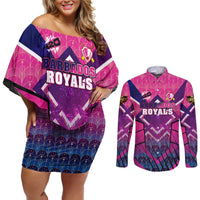 Personalised Barbados Cricket Royals Couples Matching Off Shoulder Short Dress and Long Sleeve Button Shirt Crowned in Rhythm Style