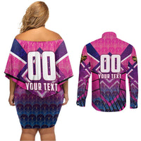 Personalised Barbados Cricket Royals Couples Matching Off Shoulder Short Dress and Long Sleeve Button Shirt Crowned in Rhythm Style