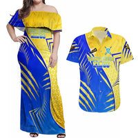 Personalised Saint Lucia Cricket Kings Couples Matching Off Shoulder Maxi Dress and Hawaiian Shirt Abstract Energy Style
