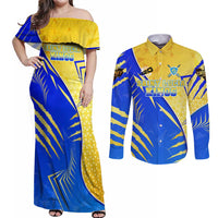Personalised Saint Lucia Cricket Kings Couples Matching Off Shoulder Maxi Dress and Long Sleeve Button Shirt Abstract Energy Style