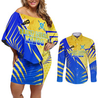 Personalised Saint Lucia Cricket Kings Couples Matching Off Shoulder Short Dress and Long Sleeve Button Shirt Abstract Energy Style