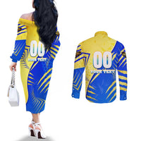 Personalised Saint Lucia Cricket Kings Couples Matching Off The Shoulder Long Sleeve Dress and Long Sleeve Button Shirt Abstract Energy Style
