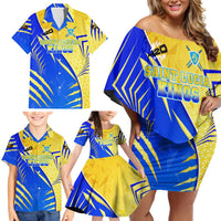 Personalised Saint Lucia Cricket Kings Family Matching Off Shoulder Short Dress and Hawaiian Shirt Abstract Energy Style