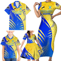 Personalised Saint Lucia Cricket Kings Family Matching Short Sleeve Bodycon Dress and Hawaiian Shirt Abstract Energy Style