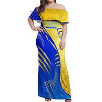 Personalised Saint Lucia Cricket Kings Off Shoulder Maxi Dress Abstract Energy Style