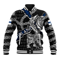 Personalized Finland Vikings Baseball Jacket Nordic Lion Bound in Runes and Chains