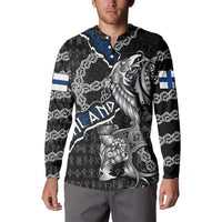 Personalized Finland Vikings Button Sweatshirt Nordic Lion Bound in Runes and Chains