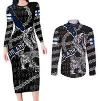 Personalized Finland Vikings Couples Matching Long Sleeve Bodycon Dress and Long Sleeve Button Shirt Nordic Lion Bound in Runes and Chains