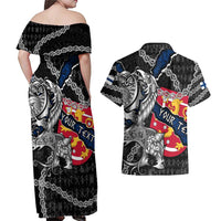 Personalized Finland Vikings Couples Matching Off Shoulder Maxi Dress and Hawaiian Shirt Nordic Lion Bound in Runes and Chains