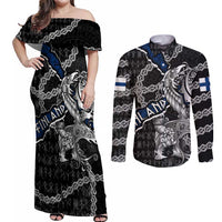 Personalized Finland Vikings Couples Matching Off Shoulder Maxi Dress and Long Sleeve Button Shirt Nordic Lion Bound in Runes and Chains