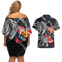 Personalized Finland Vikings Couples Matching Off Shoulder Short Dress and Hawaiian Shirt Nordic Lion Bound in Runes and Chains