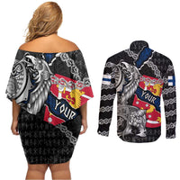 Personalized Finland Vikings Couples Matching Off Shoulder Short Dress and Long Sleeve Button Shirt Nordic Lion Bound in Runes and Chains