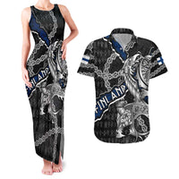 Personalized Finland Vikings Couples Matching Tank Maxi Dress and Hawaiian Shirt Nordic Lion Bound in Runes and Chains