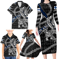 Personalized Finland Vikings Family Matching Long Sleeve Bodycon Dress and Hawaiian Shirt Nordic Lion Bound in Runes and Chains