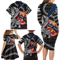 Personalized Finland Vikings Family Matching Long Sleeve Bodycon Dress and Hawaiian Shirt Nordic Lion Bound in Runes and Chains