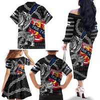 Personalized Finland Vikings Family Matching Off The Shoulder Long Sleeve Dress and Hawaiian Shirt Nordic Lion Bound in Runes and Chains
