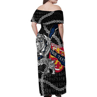 Personalized Finland Vikings Family Matching Off Shoulder Maxi Dress and Hawaiian Shirt Nordic Lion Bound in Runes and Chains