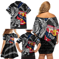 Personalized Finland Vikings Family Matching Off Shoulder Short Dress and Hawaiian Shirt Nordic Lion Bound in Runes and Chains