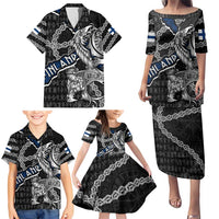 Personalized Finland Vikings Family Matching Puletasi and Hawaiian Shirt Nordic Lion Bound in Runes and Chains