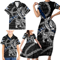 Personalized Finland Vikings Family Matching Short Sleeve Bodycon Dress and Hawaiian Shirt Nordic Lion Bound in Runes and Chains