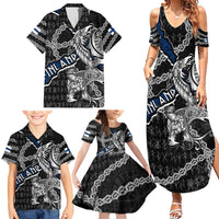 Personalized Finland Vikings Family Matching Summer Maxi Dress and Hawaiian Shirt Nordic Lion Bound in Runes and Chains