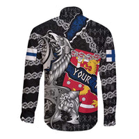 Personalized Finland Vikings Long Sleeve Button Shirt Nordic Lion Bound in Runes and Chains