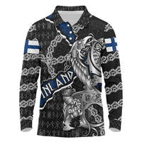 Personalized Finland Vikings Long Sleeve Polo Shirt Nordic Lion Bound in Runes and Chains