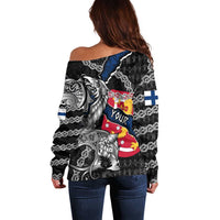 Personalized Finland Vikings Off Shoulder Sweater Nordic Lion Bound in Runes and Chains