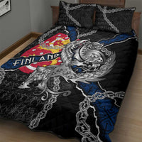 Finland Vikings Quilt Bed Set Nordic Lion Bound in Runes and Chains