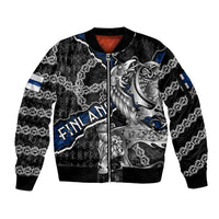 Personalized Finland Vikings Sleeve Zip Bomber Jacket Nordic Lion Bound in Runes and Chains