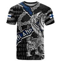 Personalized Finland Vikings T Shirt Nordic Lion Bound in Runes and Chains