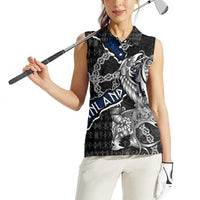 Personalized Finland Vikings Women Sleeveless Polo Shirt Nordic Lion Bound in Runes and Chains