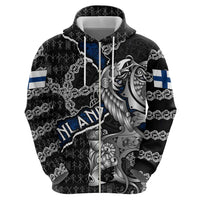 Personalized Finland Vikings Zip Hoodie Nordic Lion Bound in Runes and Chains