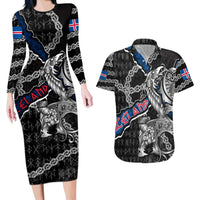 Personalized Iceland Vikings Couples Matching Long Sleeve Bodycon Dress and Hawaiian Shirt Nordic Lion Bound in Runes and Chains