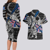 Personalized Iceland Vikings Couples Matching Long Sleeve Bodycon Dress and Hawaiian Shirt Nordic Lion Bound in Runes and Chains
