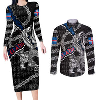 Personalized Iceland Vikings Couples Matching Long Sleeve Bodycon Dress and Long Sleeve Button Shirt Nordic Lion Bound in Runes and Chains