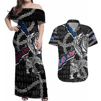 Personalized Iceland Vikings Couples Matching Off Shoulder Maxi Dress and Hawaiian Shirt Nordic Lion Bound in Runes and Chains