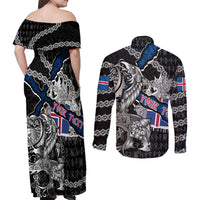 Personalized Iceland Vikings Couples Matching Off Shoulder Maxi Dress and Long Sleeve Button Shirt Nordic Lion Bound in Runes and Chains