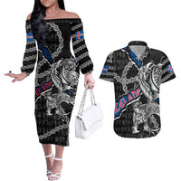 Personalized Iceland Vikings Couples Matching Off The Shoulder Long Sleeve Dress and Hawaiian Shirt Nordic Lion Bound in Runes and Chains