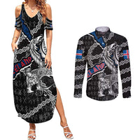 Personalized Iceland Vikings Couples Matching Summer Maxi Dress and Long Sleeve Button Shirt Nordic Lion Bound in Runes and Chains