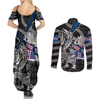 Personalized Iceland Vikings Couples Matching Summer Maxi Dress and Long Sleeve Button Shirt Nordic Lion Bound in Runes and Chains