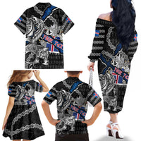 Personalized Iceland Vikings Family Matching Off The Shoulder Long Sleeve Dress and Hawaiian Shirt Nordic Lion Bound in Runes and Chains