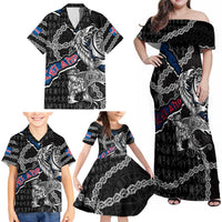 Personalized Iceland Vikings Family Matching Off Shoulder Maxi Dress and Hawaiian Shirt Nordic Lion Bound in Runes and Chains