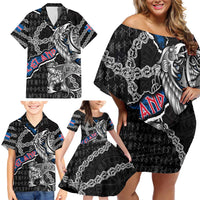 Personalized Iceland Vikings Family Matching Off Shoulder Short Dress and Hawaiian Shirt Nordic Lion Bound in Runes and Chains