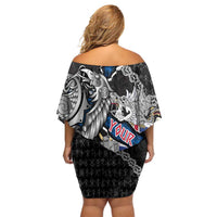Personalized Iceland Vikings Family Matching Off Shoulder Short Dress and Hawaiian Shirt Nordic Lion Bound in Runes and Chains