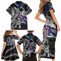 Personalized Iceland Vikings Family Matching Short Sleeve Bodycon Dress and Hawaiian Shirt Nordic Lion Bound in Runes and Chains