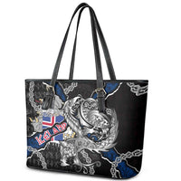 Iceland Vikings Leather Tote Bag Nordic Lion Bound in Runes and Chains