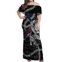 Personalized Iceland Vikings Off Shoulder Maxi Dress Nordic Lion Bound in Runes and Chains