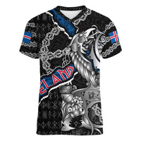Personalized Iceland Vikings Women V-Neck T-Shirt Nordic Lion Bound in Runes and Chains
