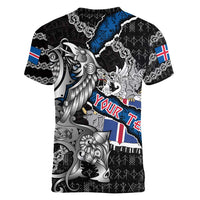 Personalized Iceland Vikings Women V-Neck T-Shirt Nordic Lion Bound in Runes and Chains